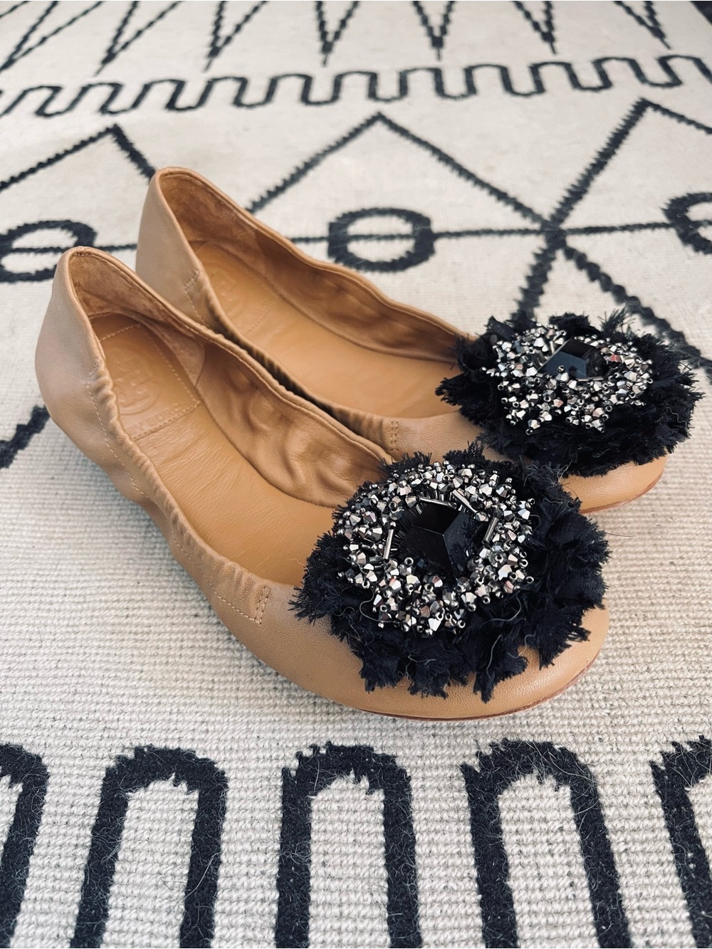 Tory Burch Amelia Beaded Rosette Embellished Leather Ballet Flats In Tan Size 7